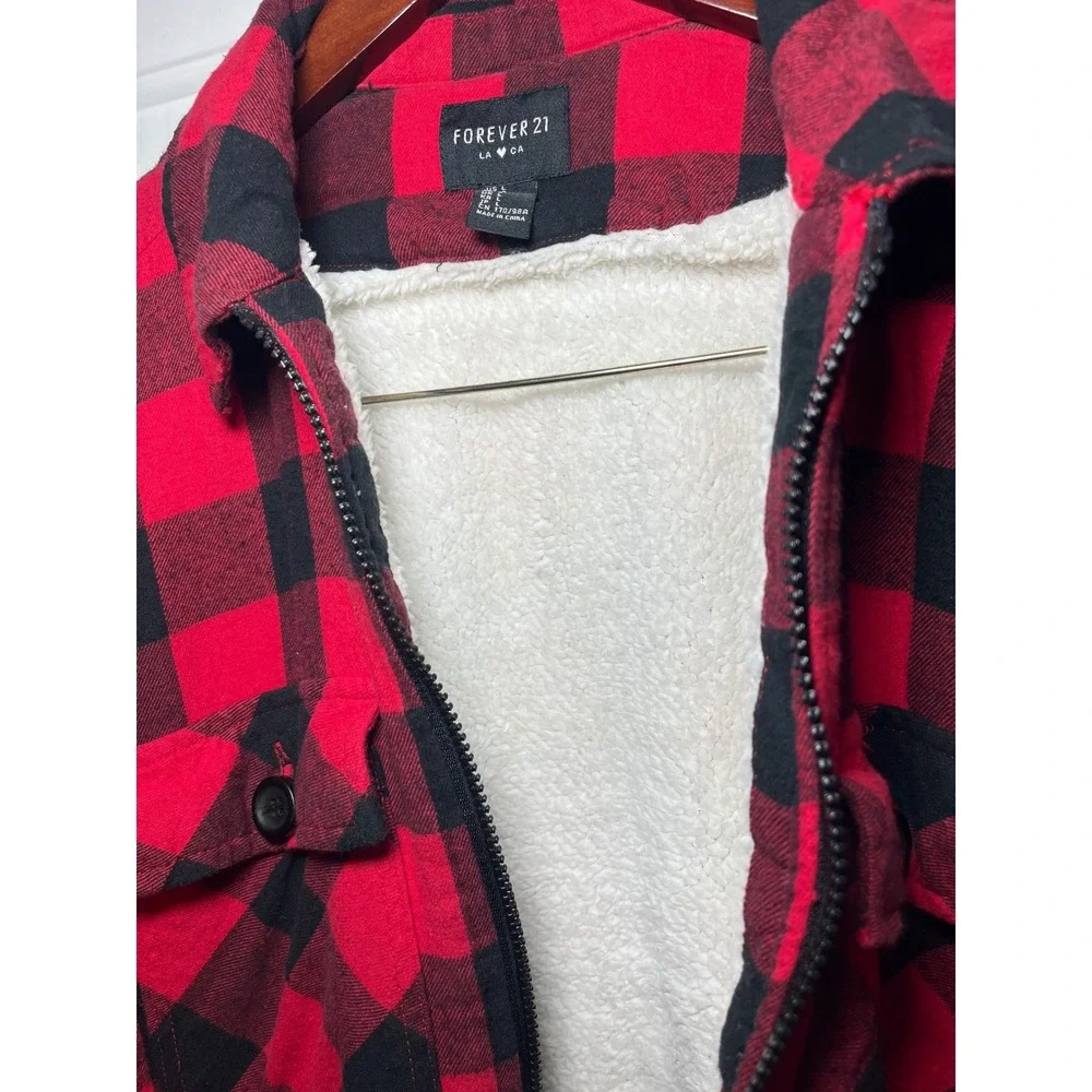 Cabin Core‎ Flannel Jacket Women L Red Black Buffalo Plaid Sherpa Lined Zip Up